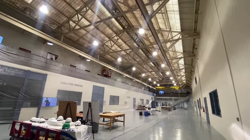 University of Detroit Mercy engineering atrium — steel roof trusses and full length of the hall